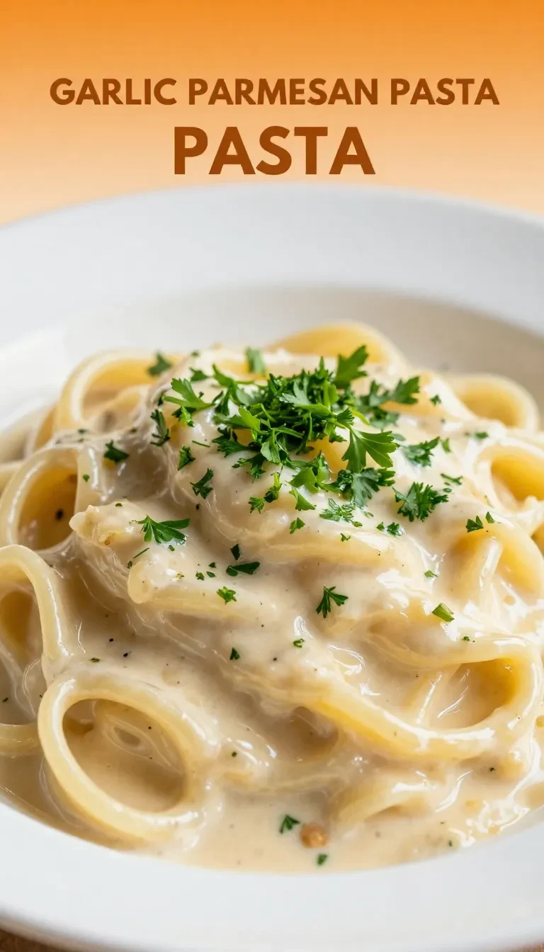 A close-up of creamy garlic parmesan pasta garnished with fresh parsley in a white bowl.