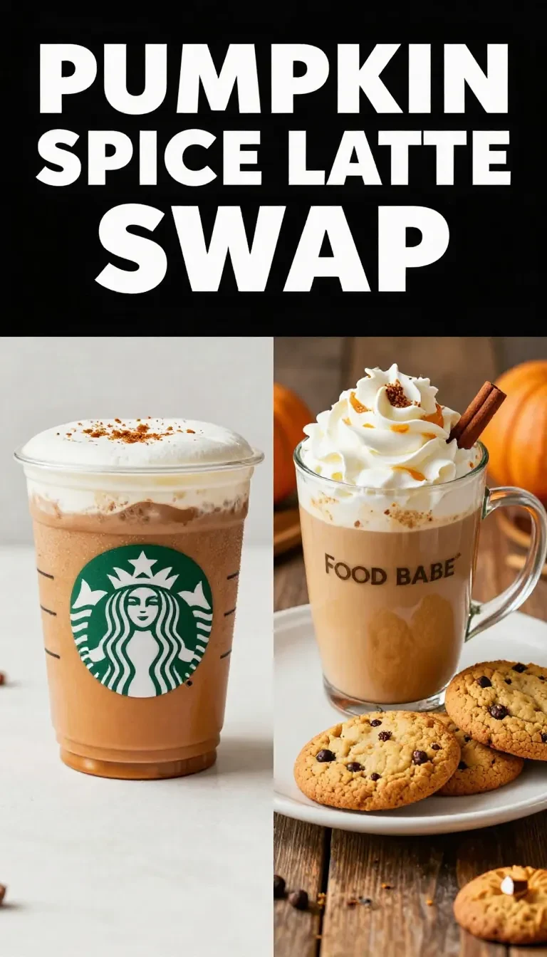 A homemade pumpkin spice latte served in a white mug with cinnamon sticks and pumpkin decorations.