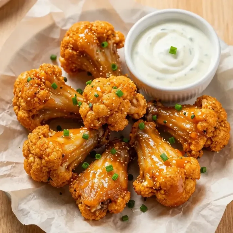 Crispy buffalo cauliflower wings served on a white plate with dipping sauce.