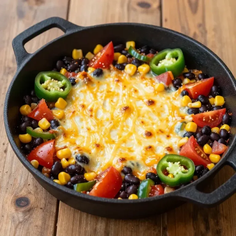 A close-up view of cheesy baked cowboy dip served in a cast-iron skillet with tortilla chips on the side.