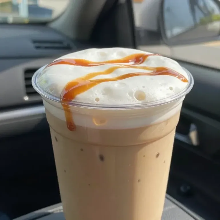 A Starbucks Pumpkin Chai Latte topped with caramel drizzle and pumpkin cold foam, served in a glass cup on a wooden table.
