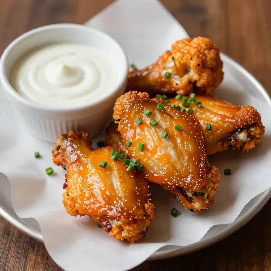 Crispy buffalo cauliflower wings served on a white plate with dipping sauce.