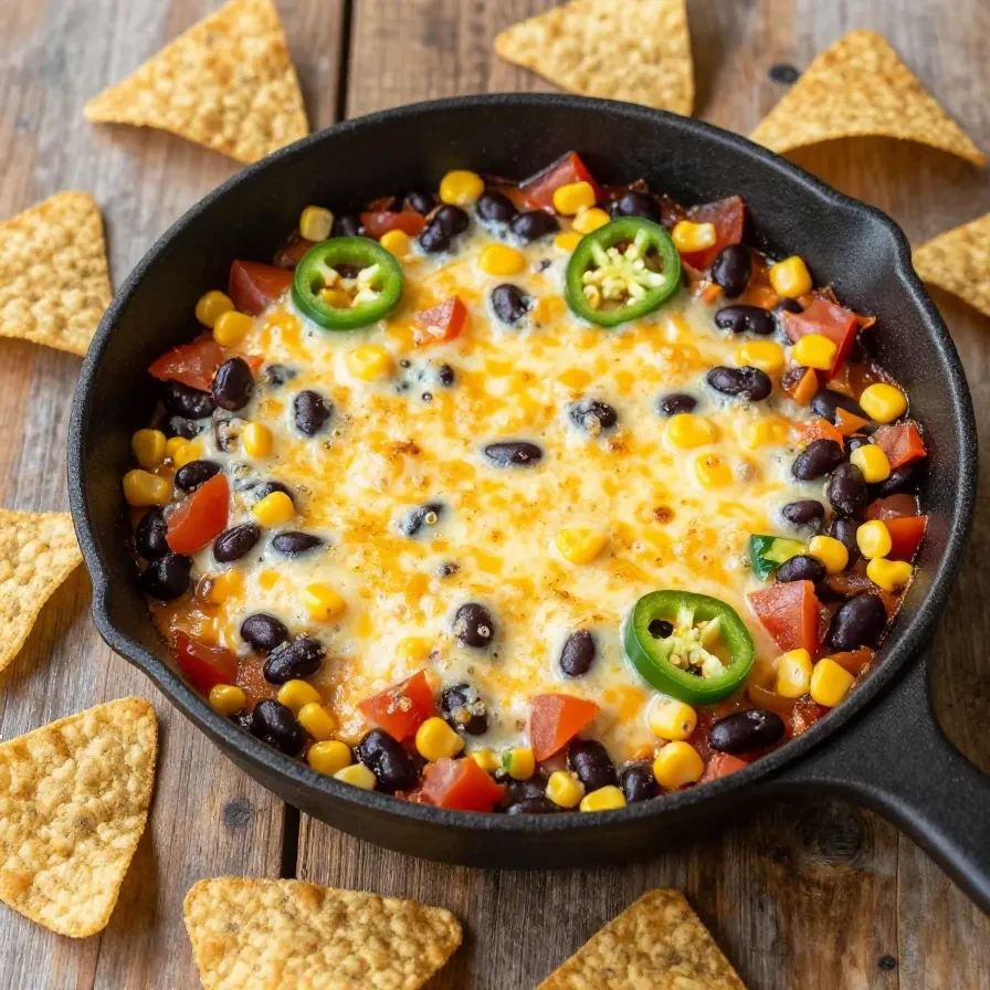 A close-up view of cheesy baked cowboy dip served in a cast-iron skillet with tortilla chips on the side.