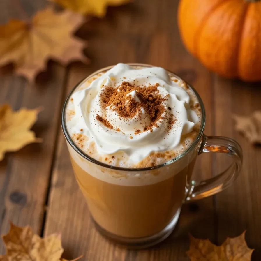 A homemade skinny pumpkin latte served in a white mug with a sprinkle of cinnamon on top.