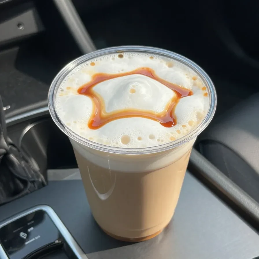 A Starbucks Pumpkin Chai Latte topped with caramel drizzle and pumpkin cold foam, served in a glass cup on a wooden table.