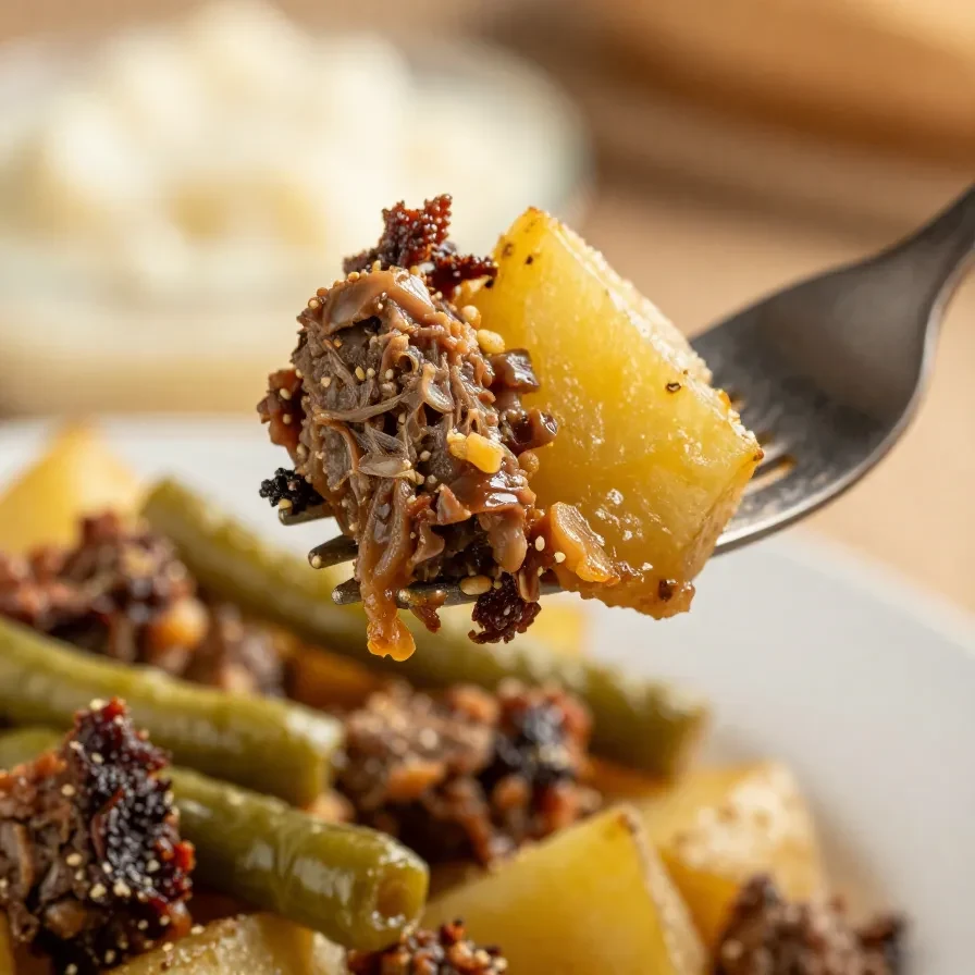 A hearty Southern dish featuring sausage, potatoes, and green beans cooked in a crock pot.