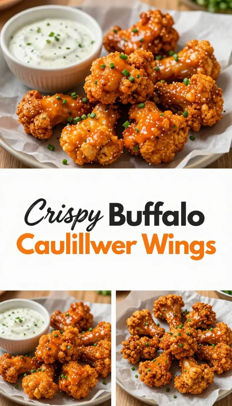 Crispy buffalo cauliflower wings served on a white plate with dipping sauce.
