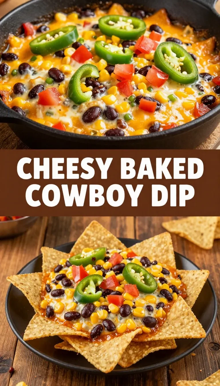 A close-up view of cheesy baked cowboy dip served in a cast-iron skillet with tortilla chips on the side.