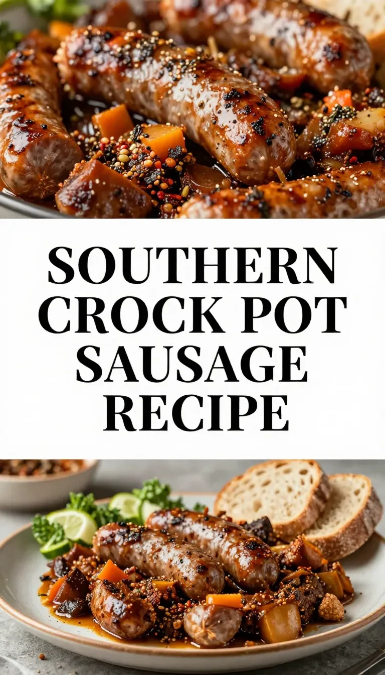 A hearty Southern dish featuring sausage, potatoes, and green beans cooked in a crock pot.