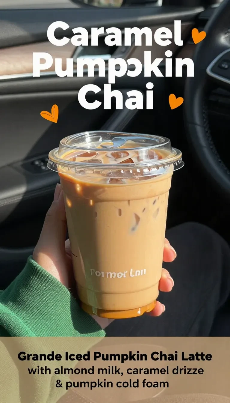 A Starbucks Pumpkin Chai Latte topped with caramel drizzle and pumpkin cold foam, served in a glass cup on a wooden table.