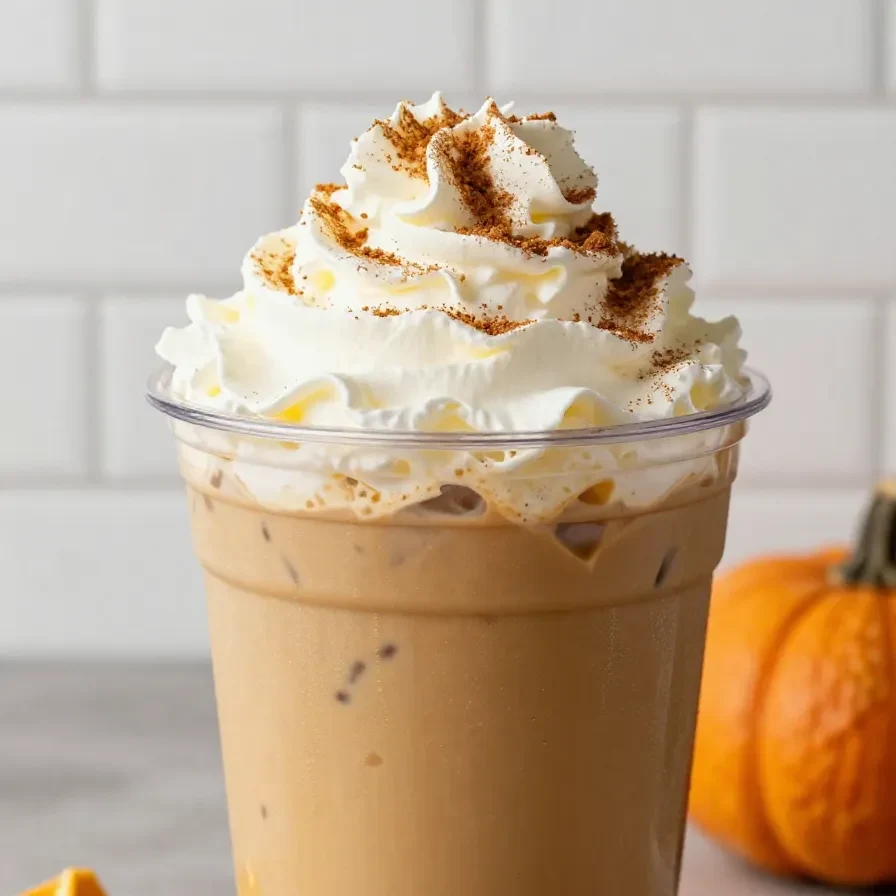 A glass of iced pumpkin cream chai tea latte with whipped cream and spices, a Starbucks fall favorite.