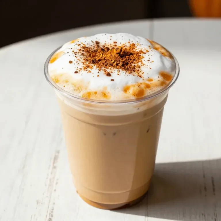 A glass of iced chai tea topped with pumpkin sweet cream foam on a wooden table.