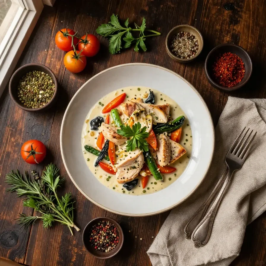 A plate of creamy garlic chicken served with colorful sautéed vegetables.