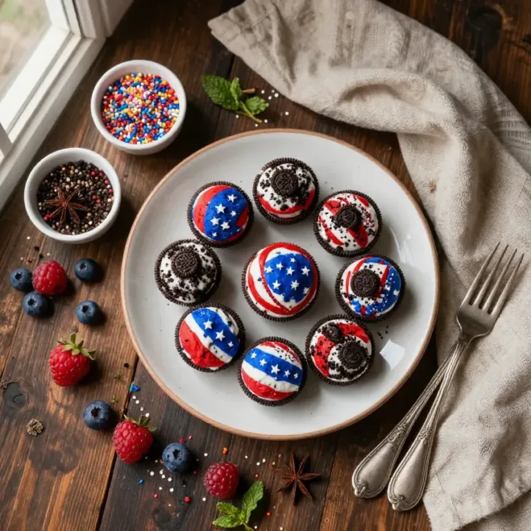 Red, white, and blue Oreo balls arranged on a festive plate, perfect for a patriotic celebration.