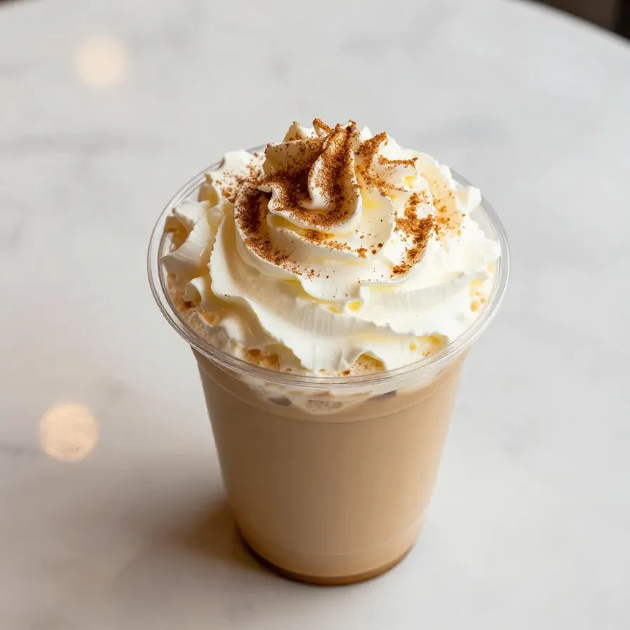 A close-up of a Starbucks Pumpkin Spice Latte topped with whipped cream and a sprinkle of cinnamon.