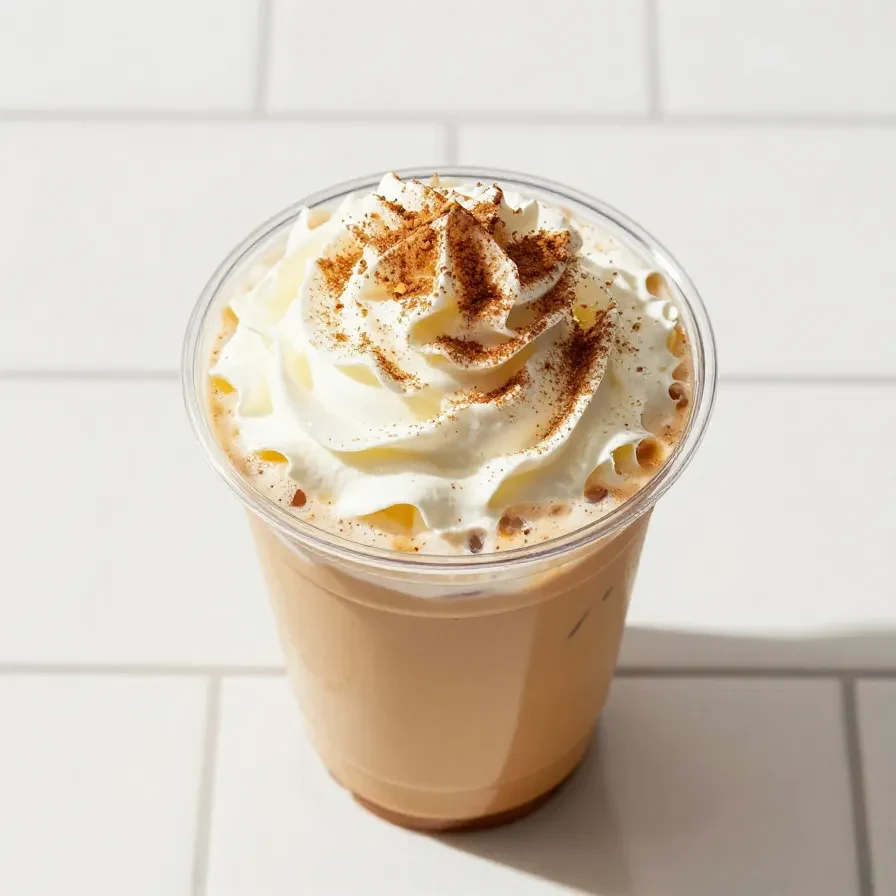 A glass of iced pumpkin cream chai tea latte with whipped cream and spices, a Starbucks fall favorite.