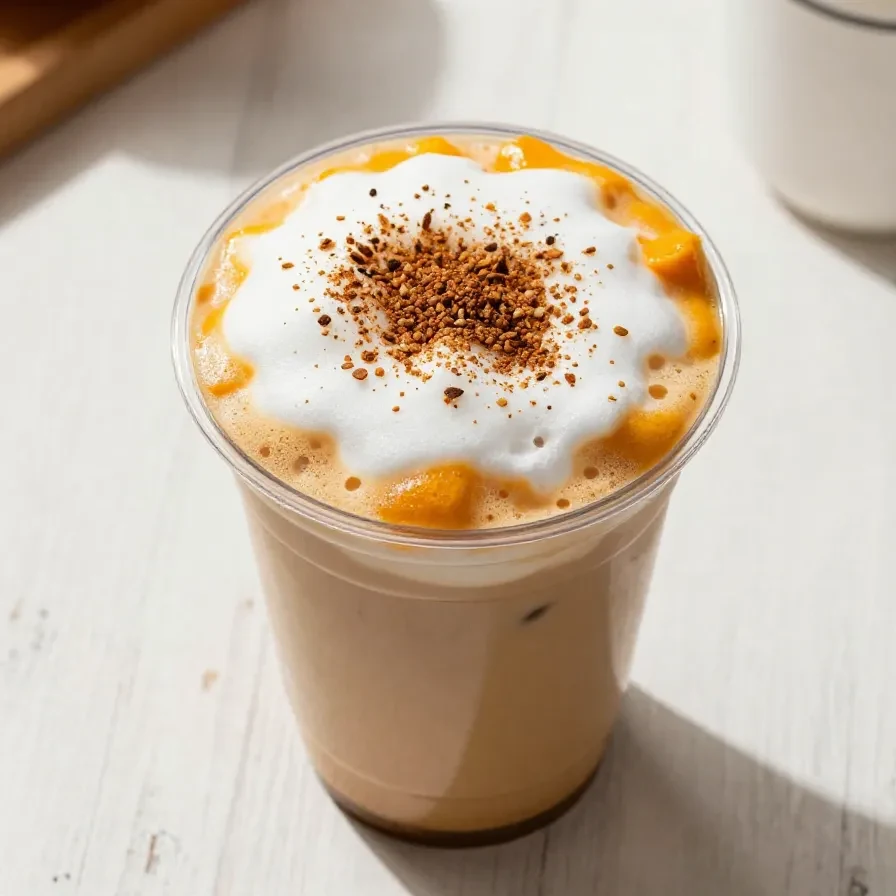 A glass of iced chai tea topped with pumpkin sweet cream foam on a wooden table.