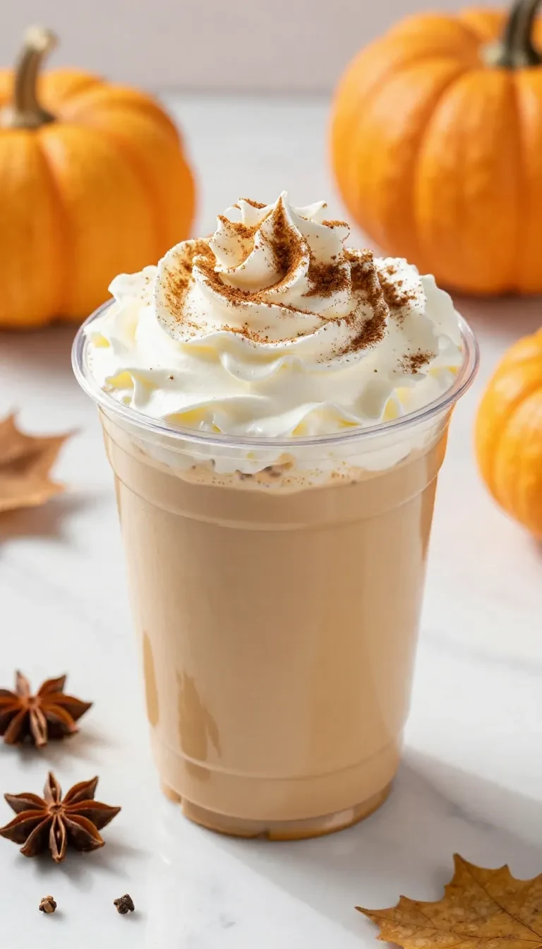 A close-up of a Starbucks Pumpkin Spice Latte topped with whipped cream and a sprinkle of cinnamon.
