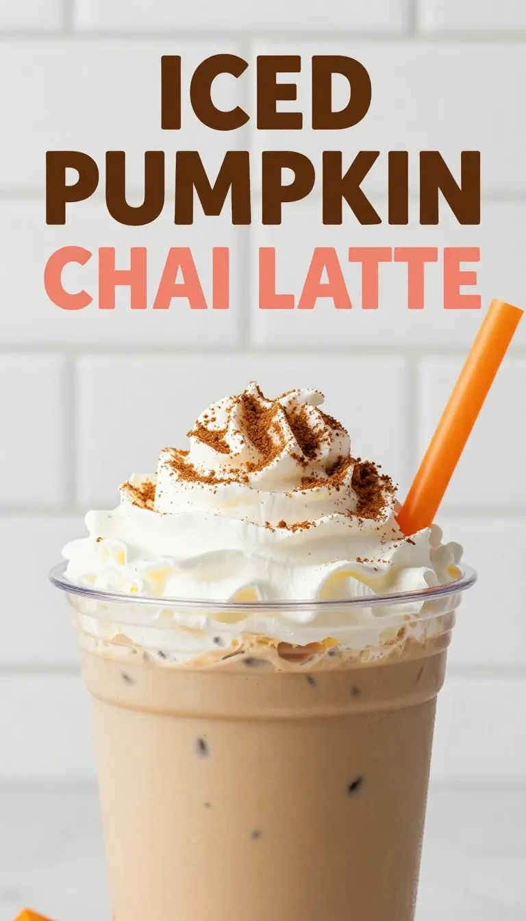 A glass of iced pumpkin cream chai tea latte with whipped cream and spices, a Starbucks fall favorite.
