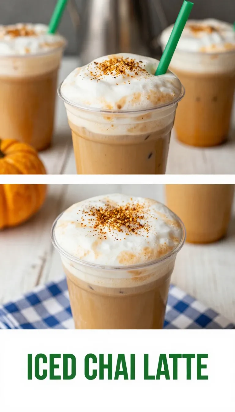 A glass of iced chai tea topped with pumpkin sweet cream foam on a wooden table.