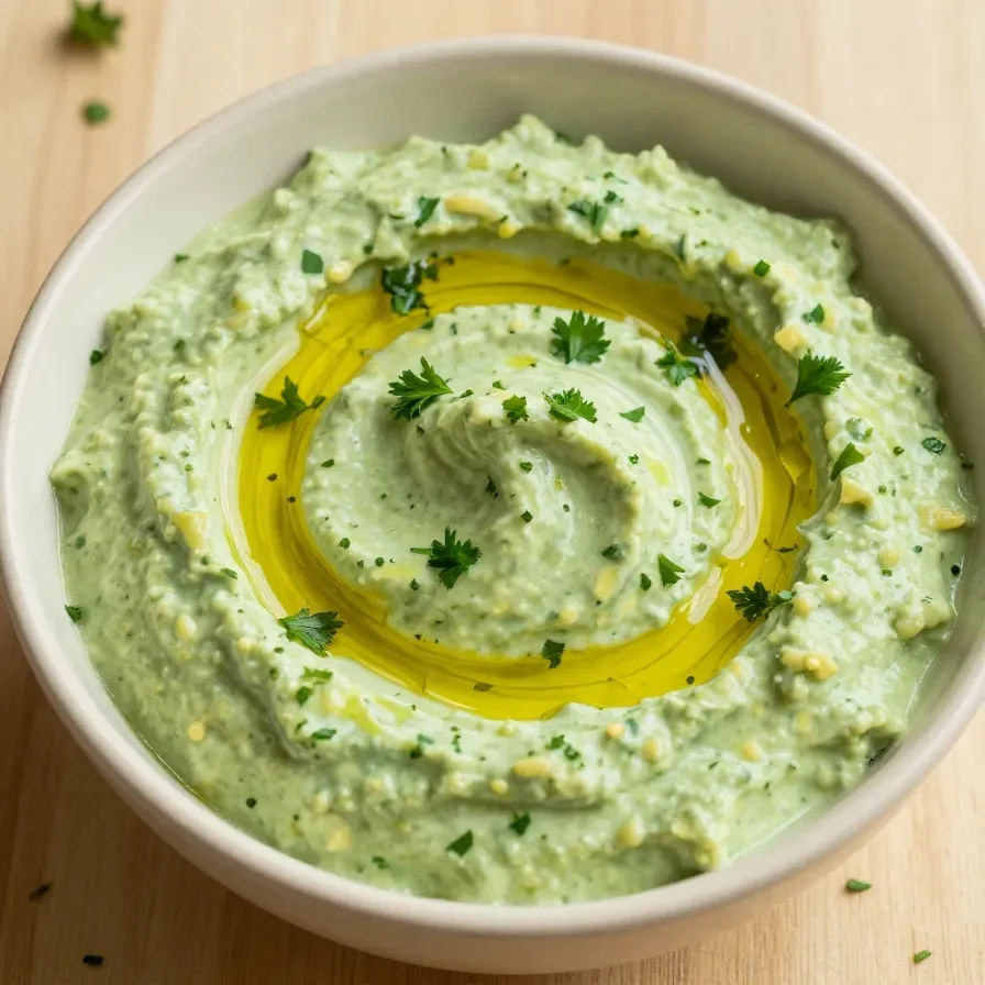 A bowl of lemon and herb white bean dip garnished with fresh parsley and served with crackers.