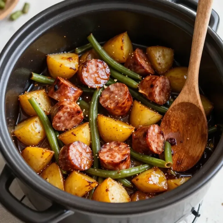 A crock pot filled with swamp potatoes and seasonings, ready to cook.