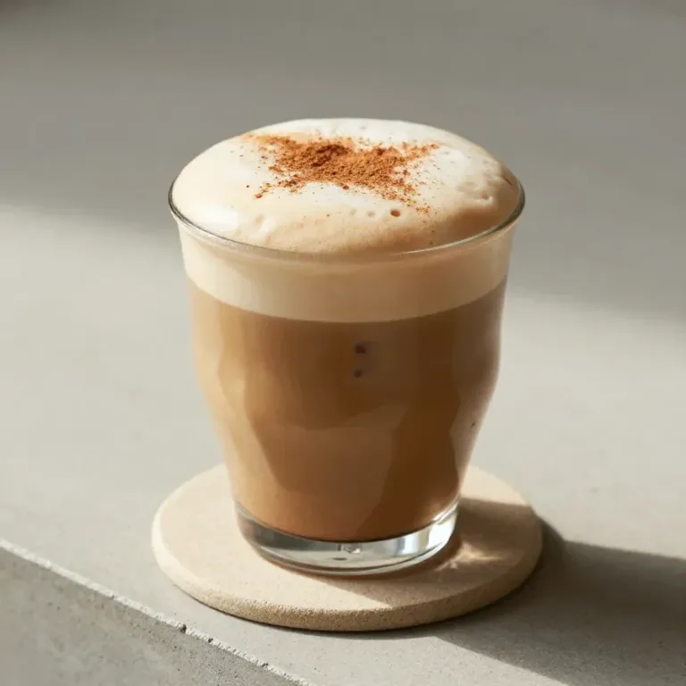 A glass of homemade iced chai latte topped with creamy pumpkin foam, styled on a wooden table.