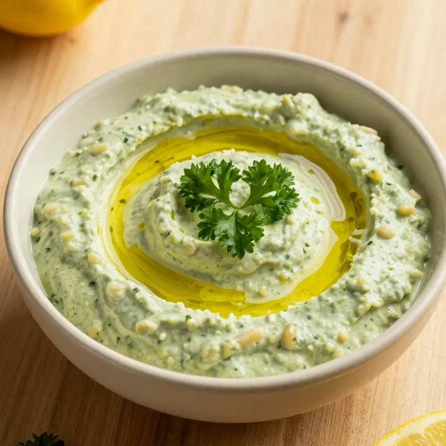 A bowl of lemon and herb white bean dip garnished with fresh parsley and served with crackers.