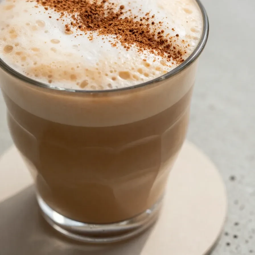 A glass of homemade iced chai latte topped with creamy pumpkin foam, styled on a wooden table.
