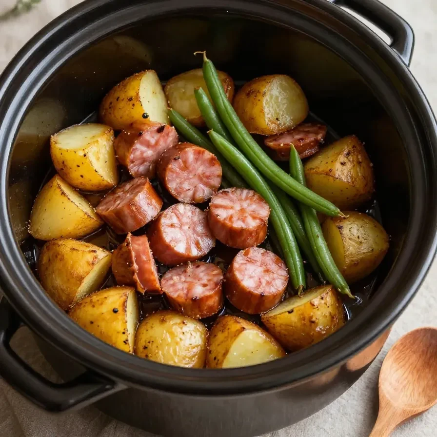 A crock pot filled with swamp potatoes and seasonings, ready to cook.
