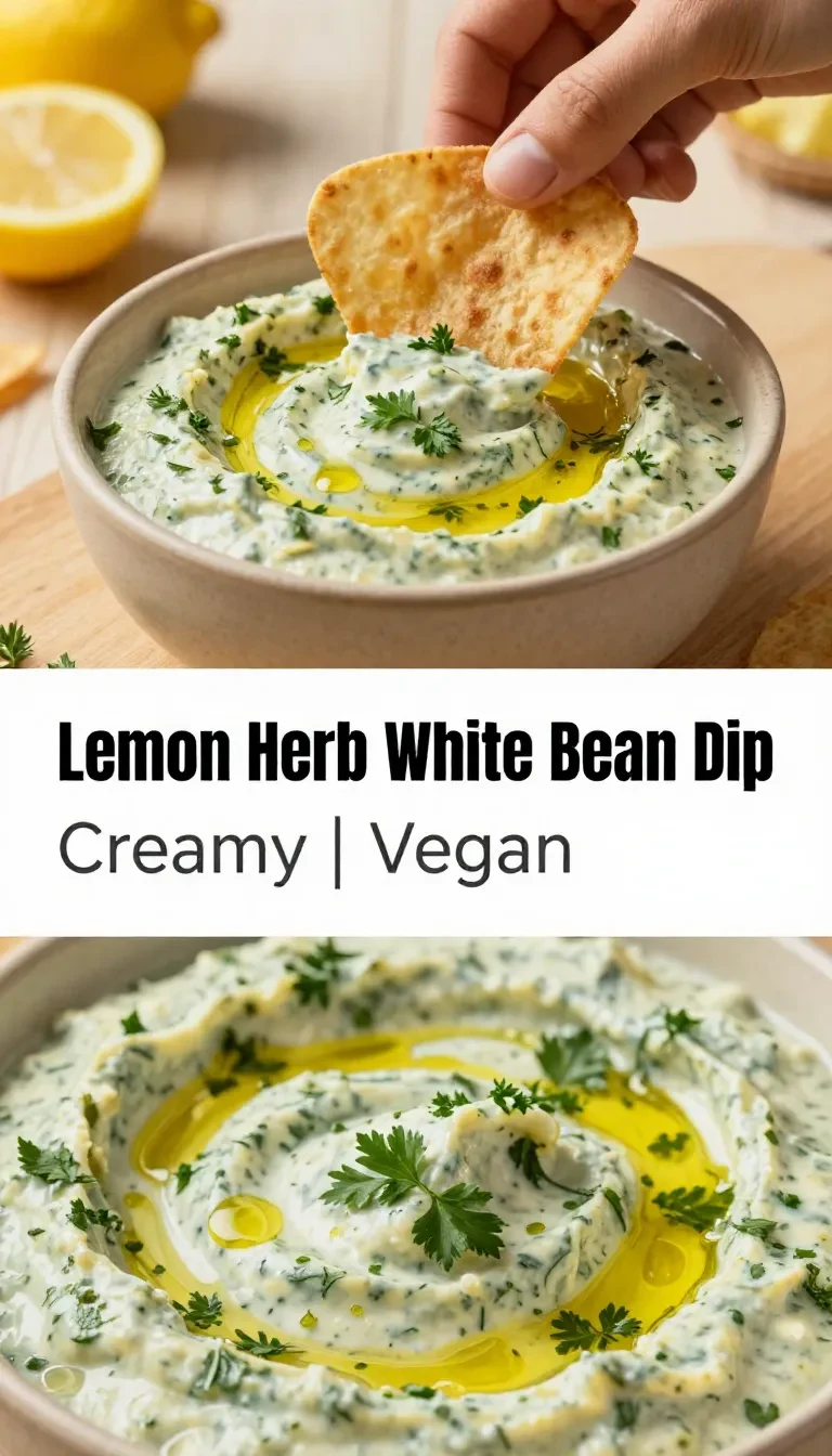 A bowl of lemon and herb white bean dip garnished with fresh parsley and served with crackers.