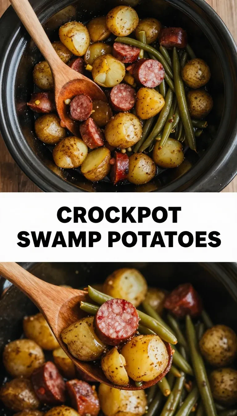 A crock pot filled with swamp potatoes and seasonings, ready to cook.