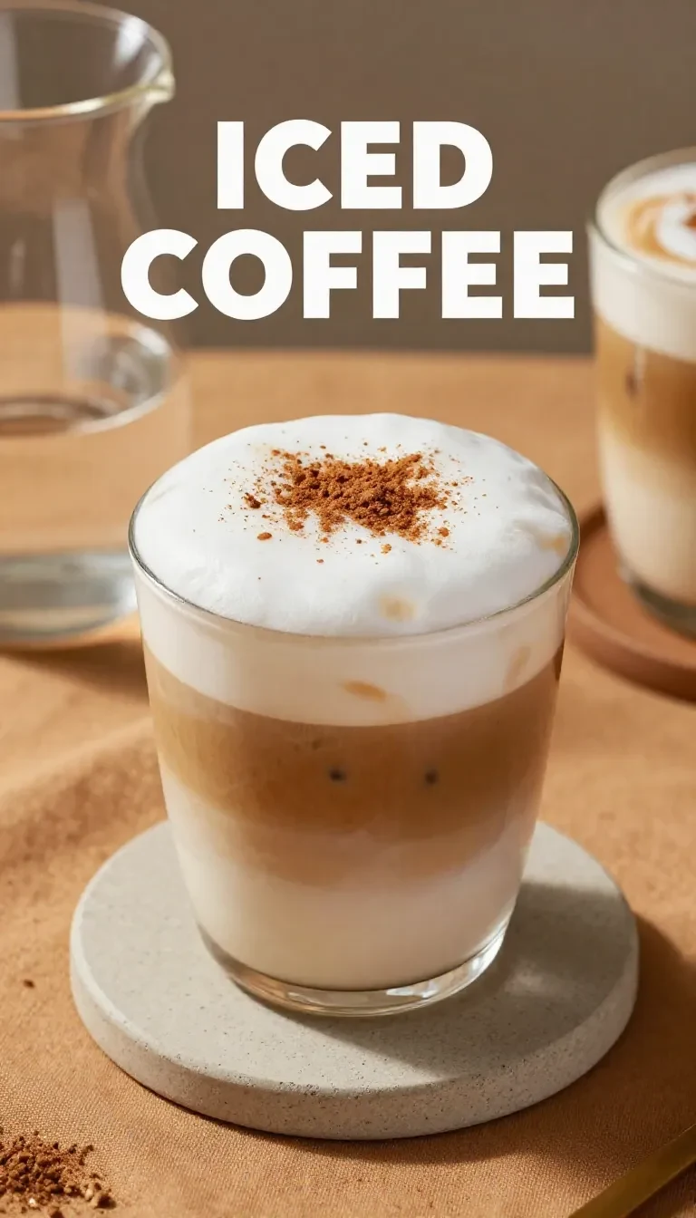 A glass of homemade iced chai latte topped with creamy pumpkin foam, styled on a wooden table.