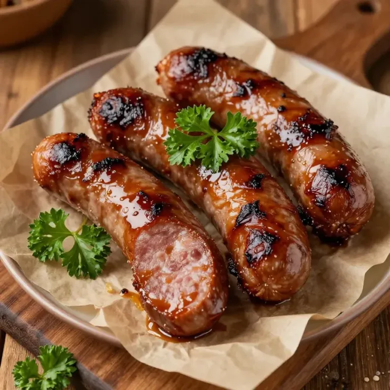 Maple Barbecue Kielbasa Bites Close-up of Maple Barbecue Kielbasa Bites served on a white plate.
