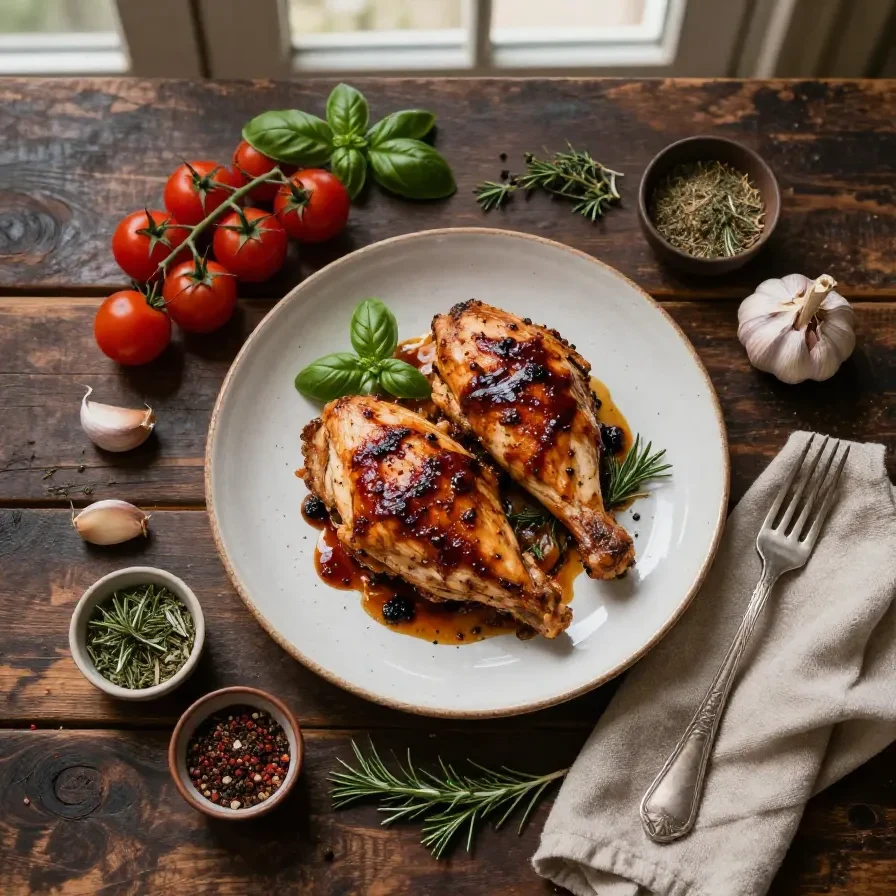 A single pan filled with balsamic chicken and vegetables, garnished with fresh herbs.