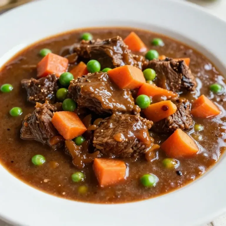 A hearty bowl of slow cooker beef stew with tender chunks of beef, carrots, potatoes, and celery.