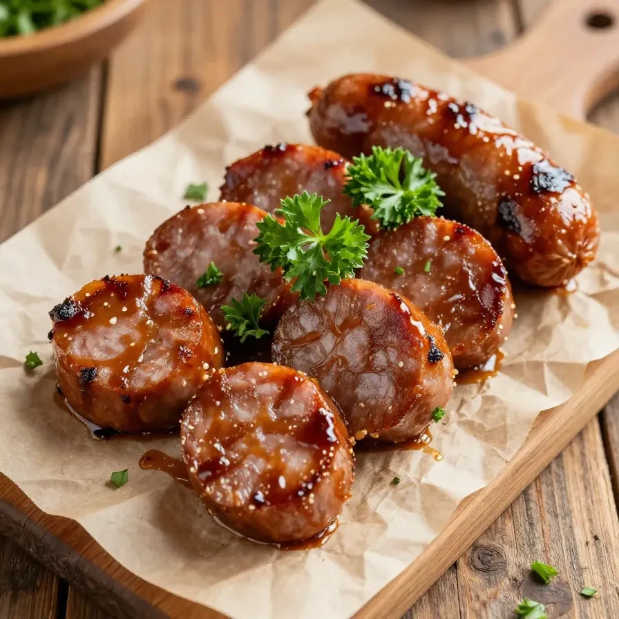 Close-up of Maple Barbecue Kielbasa Bites served on a white plate.