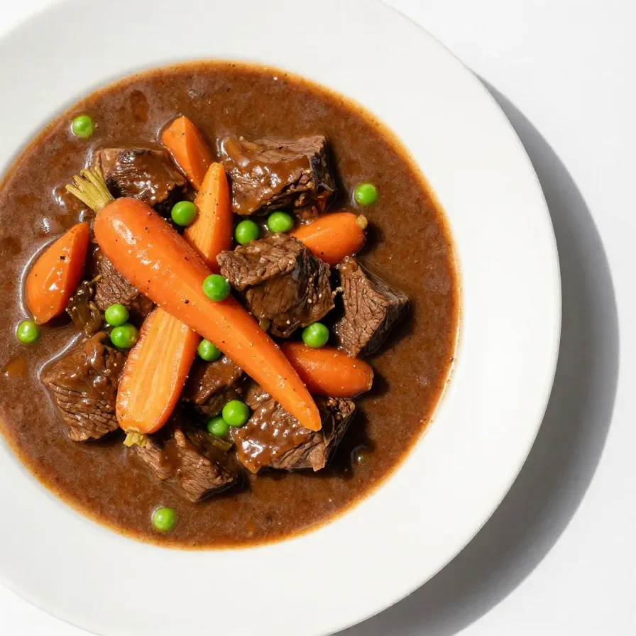 A hearty bowl of slow cooker beef stew with tender chunks of beef, carrots, potatoes, and celery.