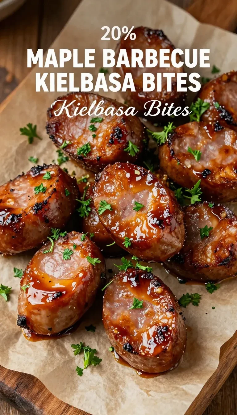 Close-up of Maple Barbecue Kielbasa Bites served on a white plate.