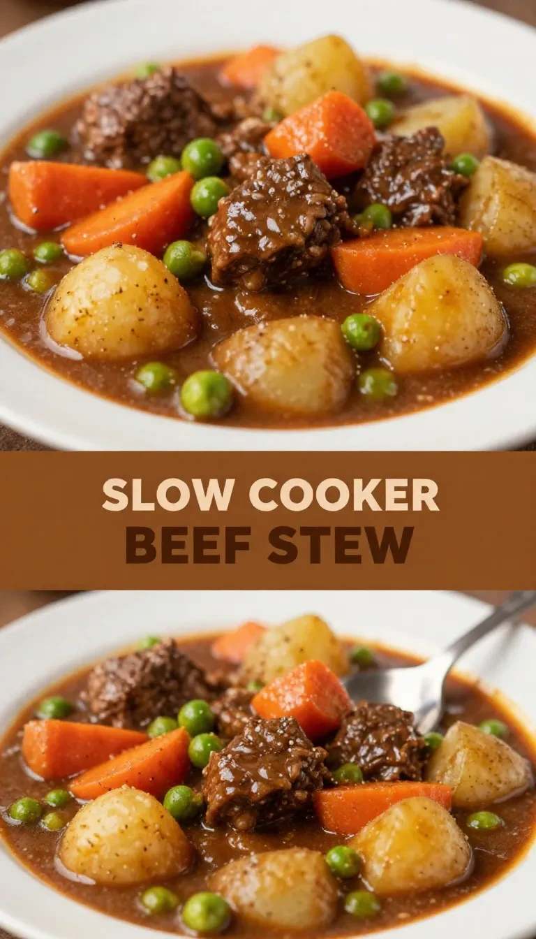 A hearty bowl of slow cooker beef stew with tender chunks of beef, carrots, potatoes, and celery.