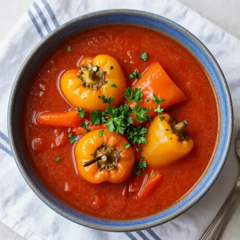 A bowl of hearty stuffed pepper soup garnished with fresh parsley.