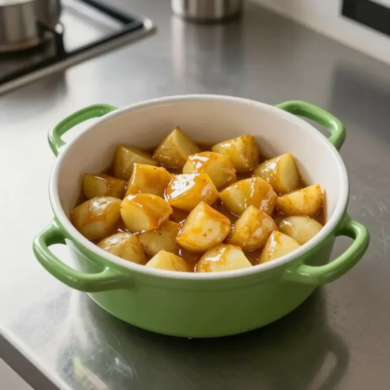 A hearty dish of swamp potatoes and sausage served in a rustic bowl.