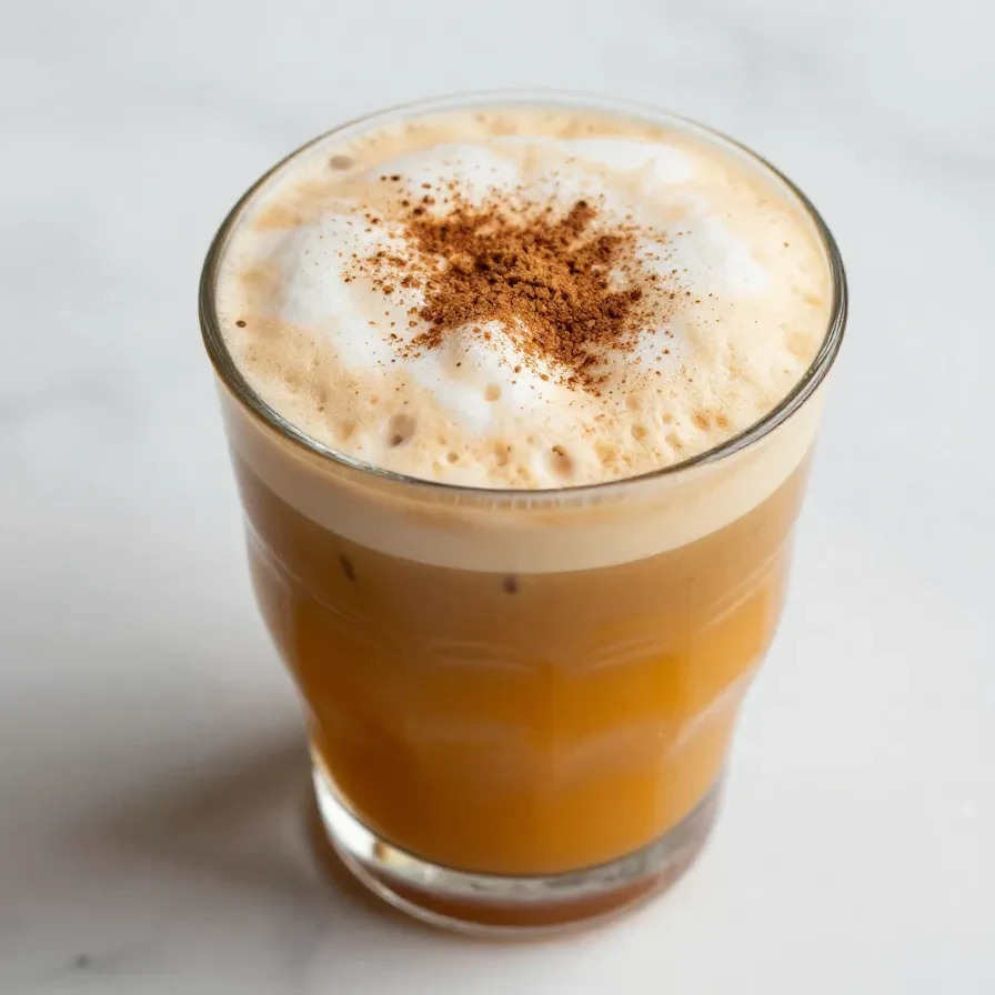 A Starbucks Iced Pumpkin Cream Chai in a clear cup on a wooden table.