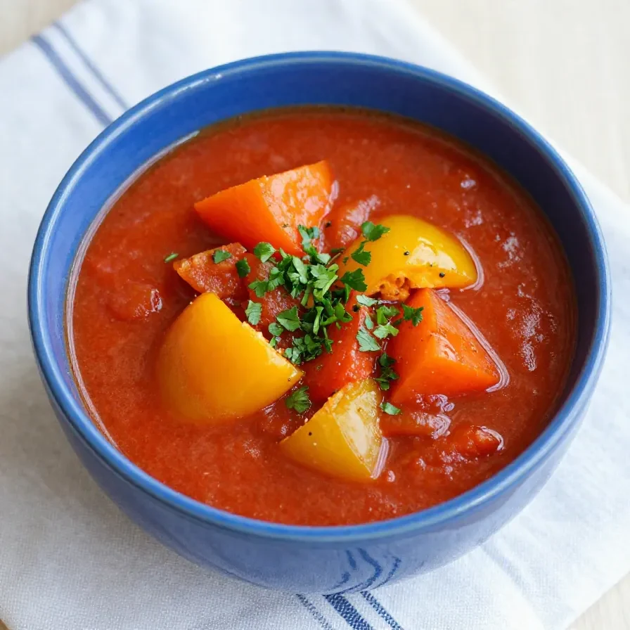 A bowl of hearty stuffed pepper soup garnished with fresh parsley.