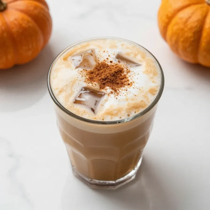 A Starbucks Iced Pumpkin Cream Chai in a clear cup on a wooden table.