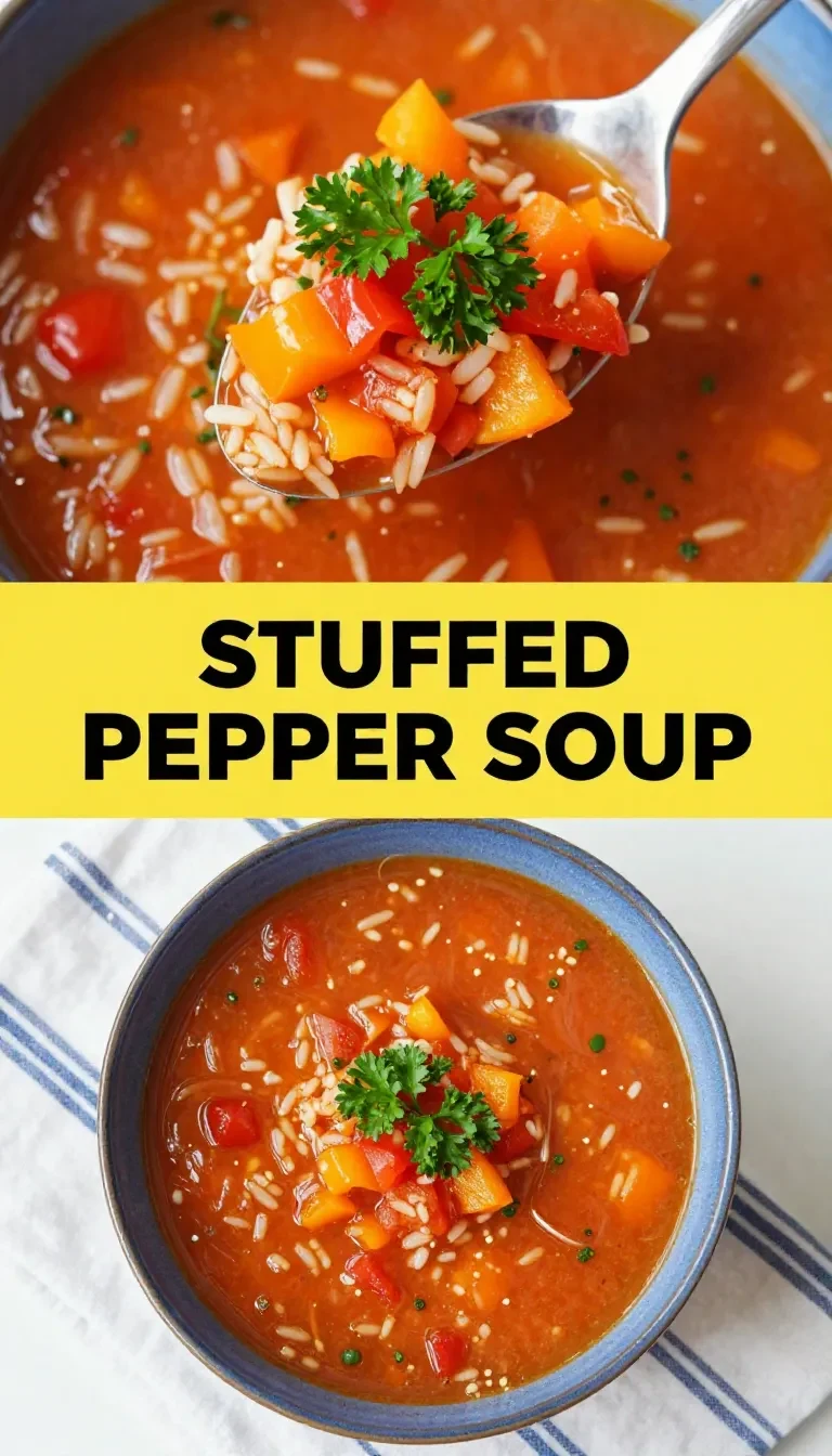 A bowl of hearty stuffed pepper soup garnished with fresh parsley.