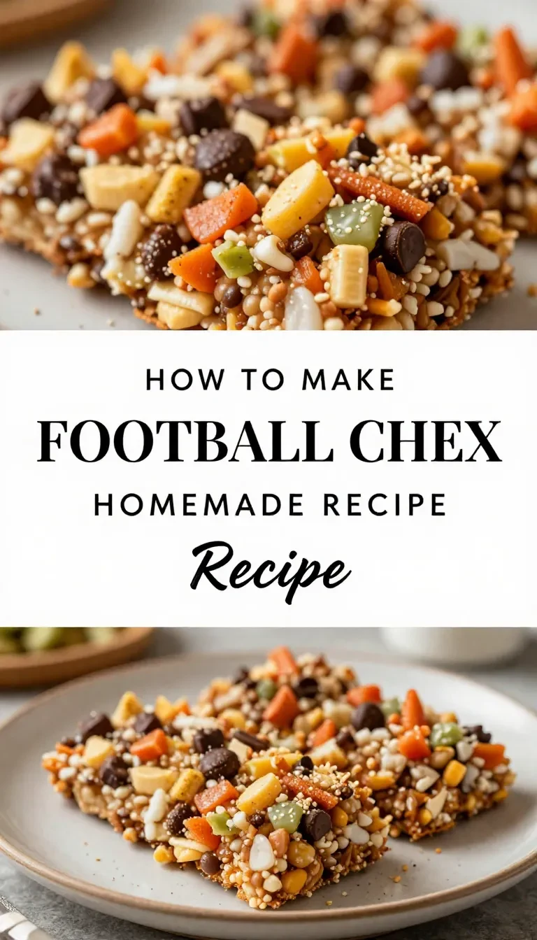 A bowl of Football Chex Treat with chocolate and pretzels, decorated for game day.