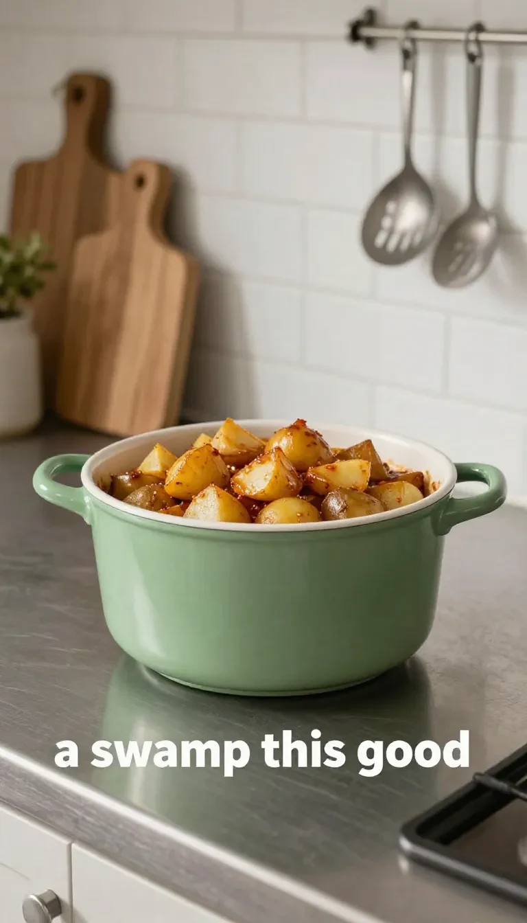 A hearty dish of swamp potatoes and sausage served in a rustic bowl.