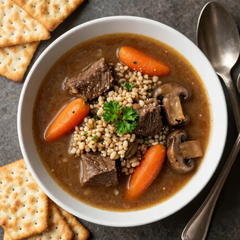 A bowl of homemade beef barley soup garnished with fresh parsley.