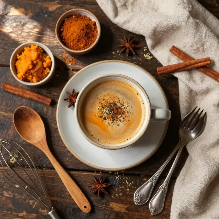 A cup of vegan pumpkin spice coffee topped with frothy almond milk and a sprinkle of cinnamon.